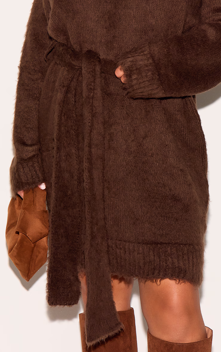 Plus Chocolate Belted Eyelash Knit Mini Dress