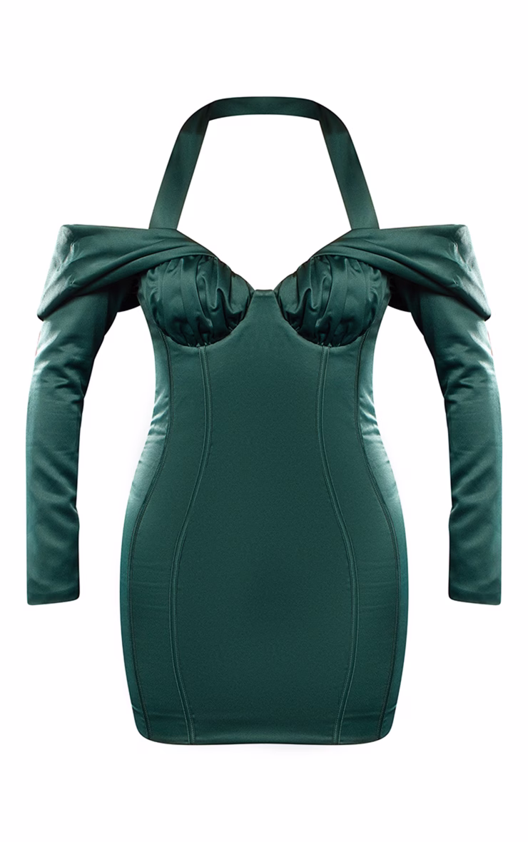 Premium Emerald Green Constructed Satin Draped Bardot Bodycon Dress