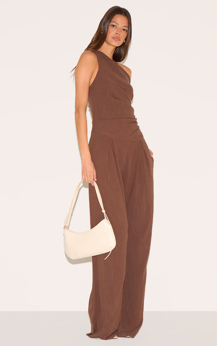 Chocolate Twist Sleeve Linen Ruched One Sleeve Jumpsuit