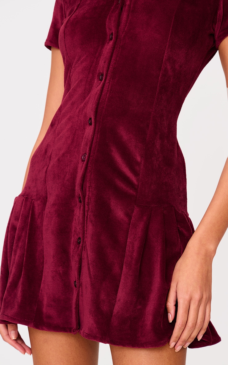 Burgundy Cord Button Down Cap Sleeve Pleated Hem Shift Dress