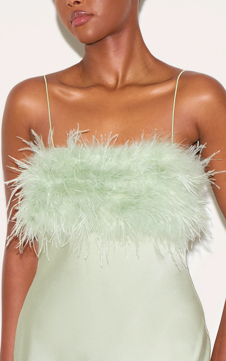 Sage Satin Feather Bust Detail Strappy Maxi Dress