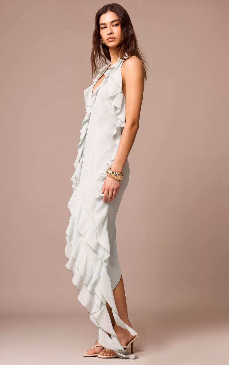 Sage Chiffon Frill Detail Plunge Midaxi Dress