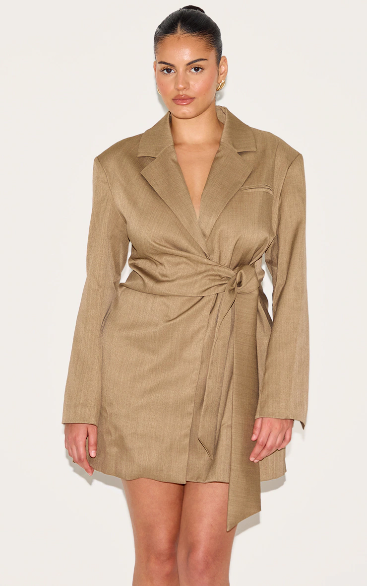 Plus Taupe Woven Blazer Side Tie Mini Dress