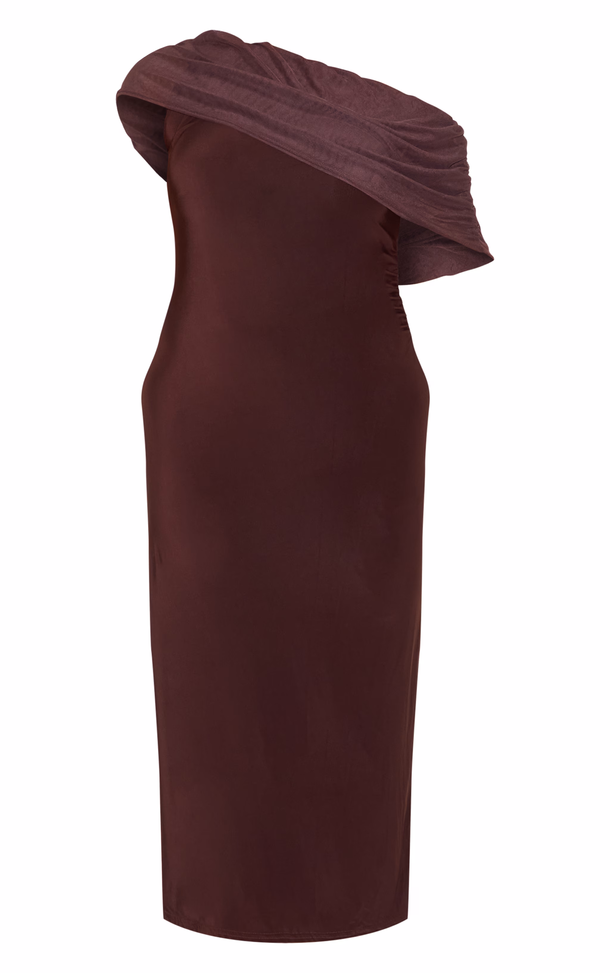 Plus Dark Chocolate Double Layer Slinky Mesh Overlay Maxi Dress