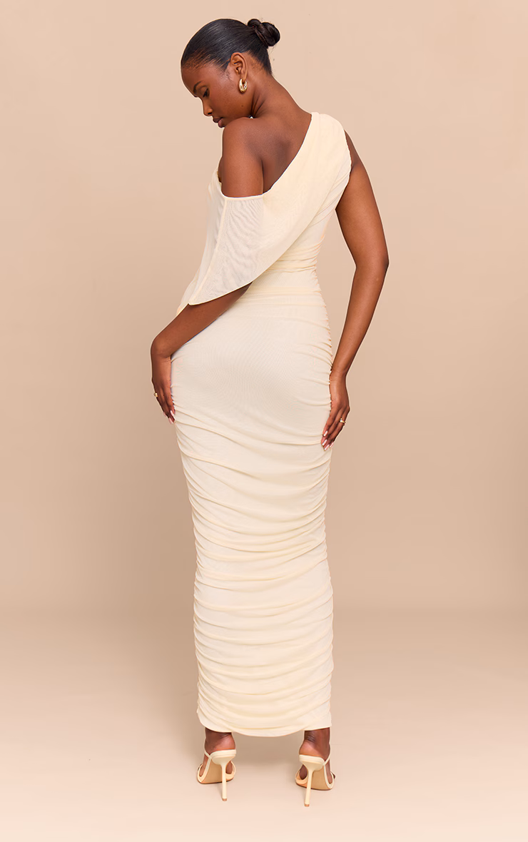 Almond Mesh Overlay One Shoulder Ruched Maxi Dress