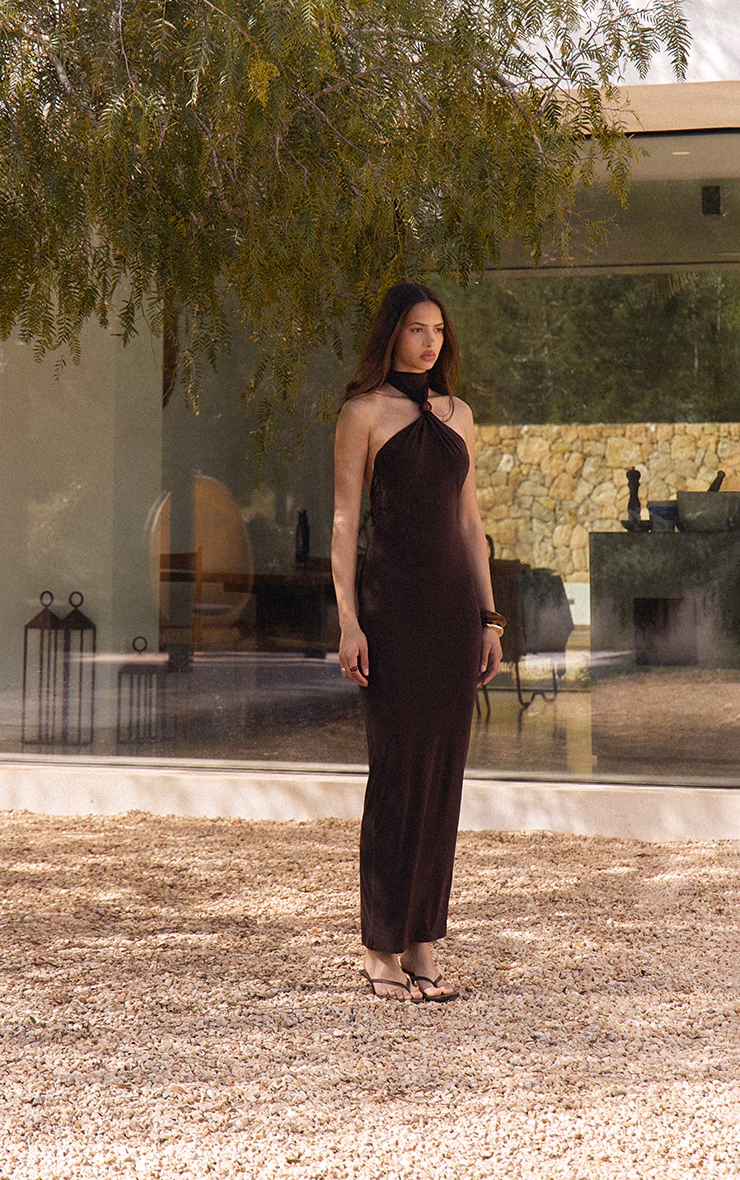 Dark Chocolate Slinky Bead Detail Halter Maxi Dress
