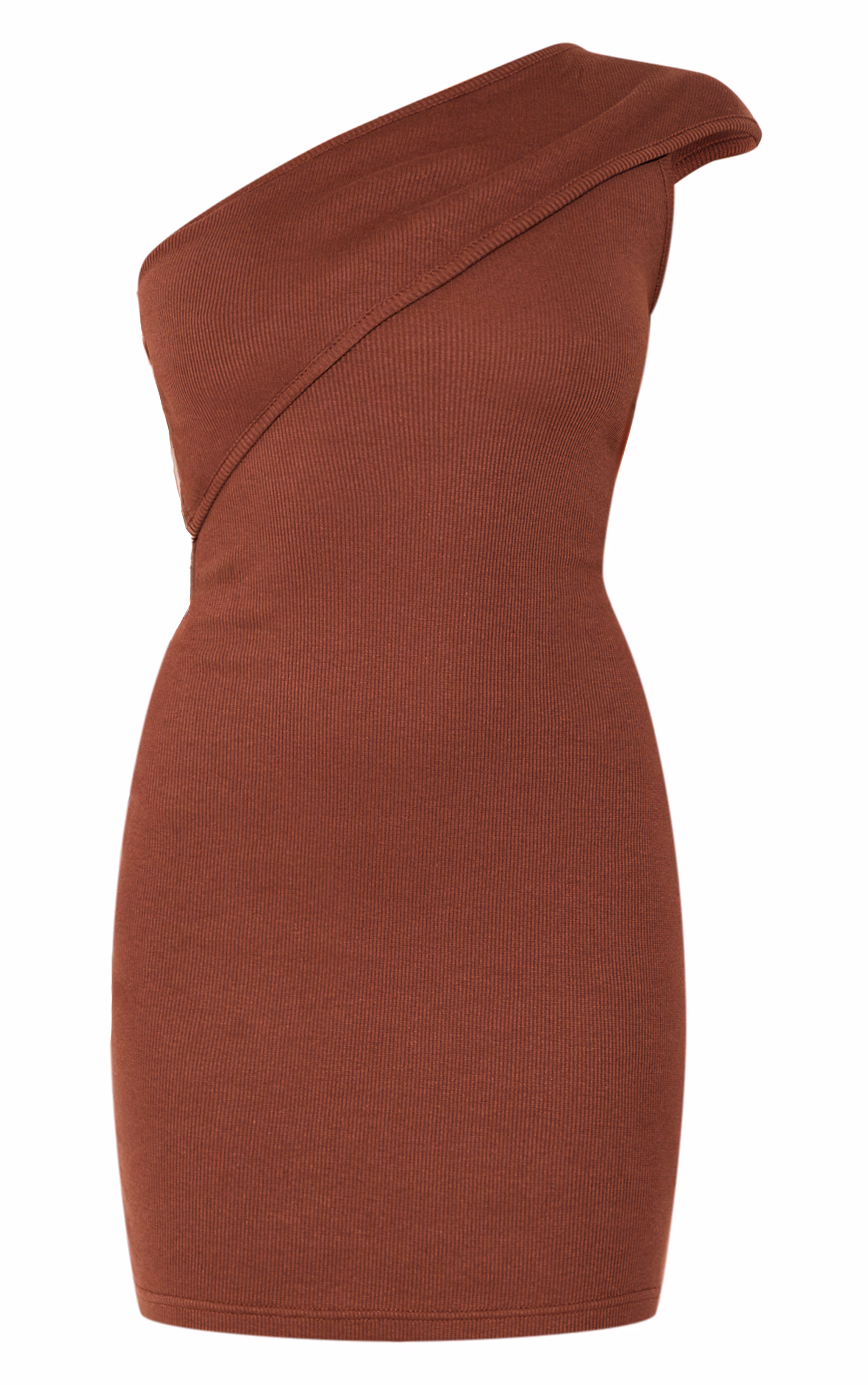 Chocolate Rib Fold One Shoulder Mini Dress