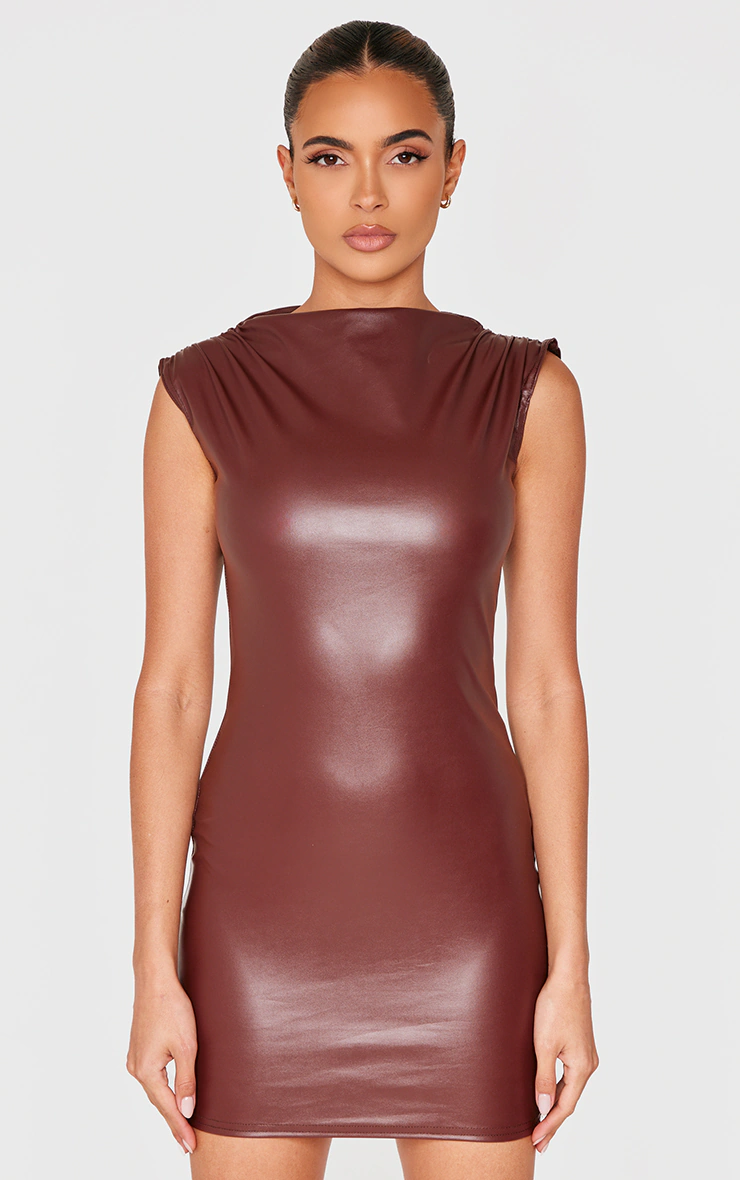 Chocolate Faux Leather High Neck Ruched Mini Dress
