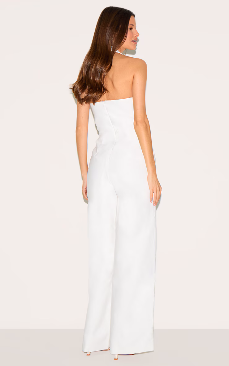 Cream Premium Woven Halterneck Straight Leg Jumpsuit
