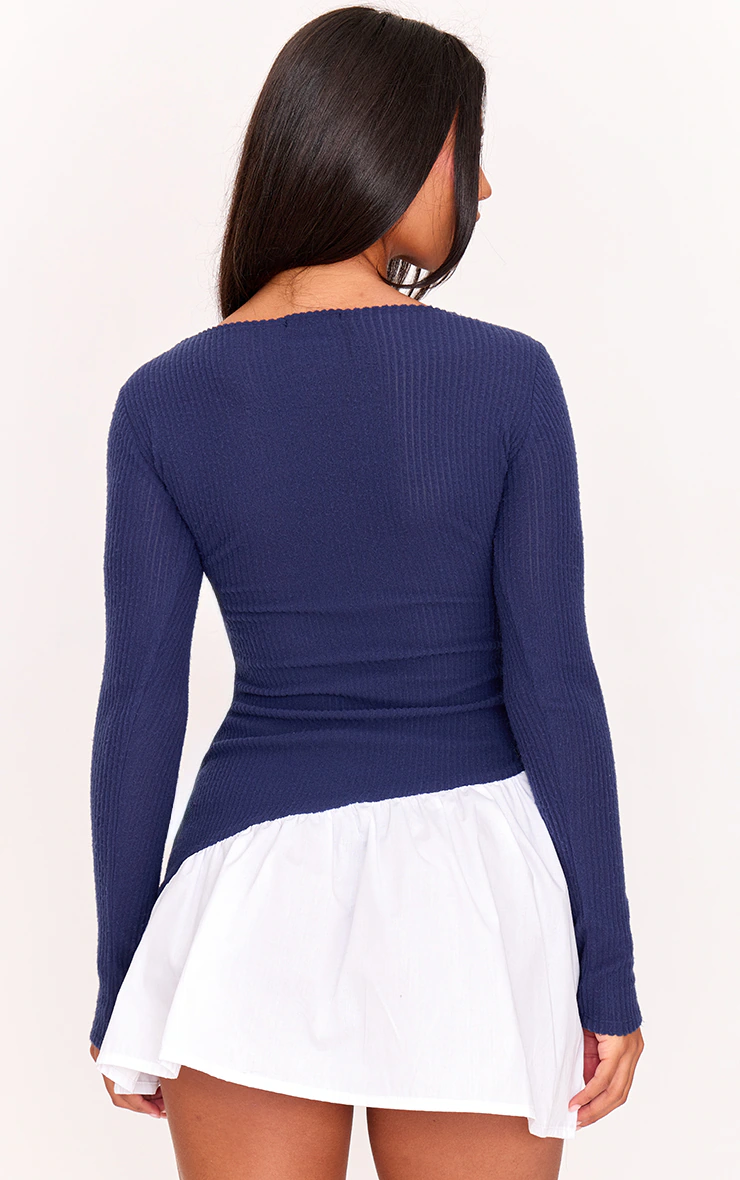 Navy Brushed Rib Asymmetric Hem Shift Dress
