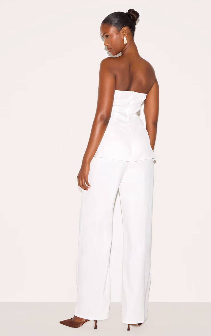 White Woven Tailored Longline Bandeau Flared Jumpsuit