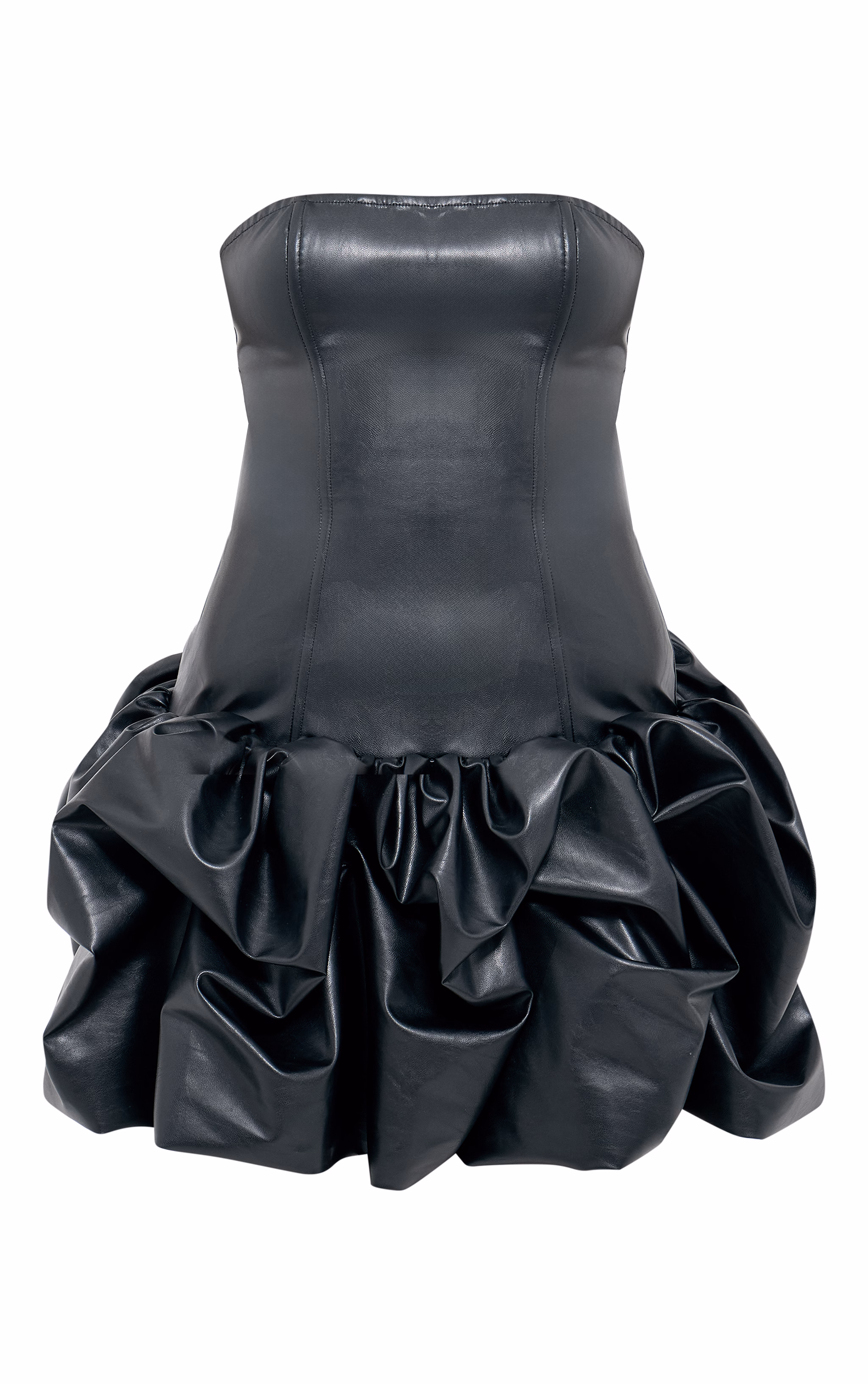 Black Faux Leather Bandeau Puffball Mini Dress