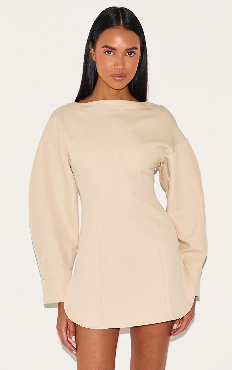 Beige Tailored Long Sleeve Shift Dress
