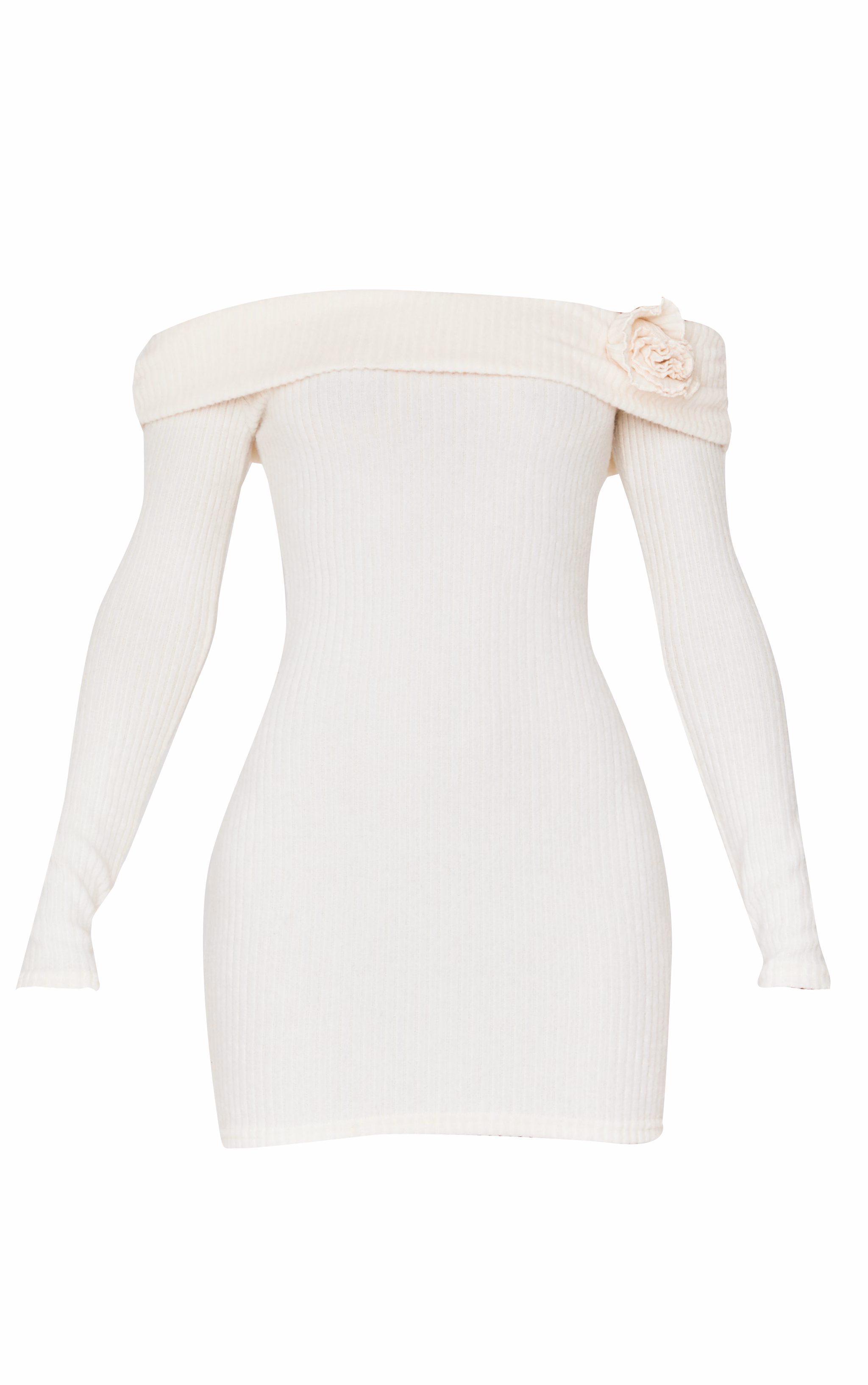Cream Brushed Rib Fold Over Bardot Corsage Detail Bodycon Dress