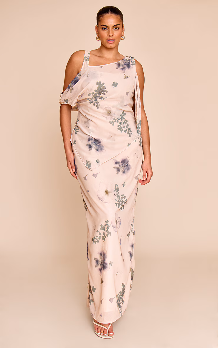 Plus Sand Abstract Printed Chiffon Draped Maxi Dress