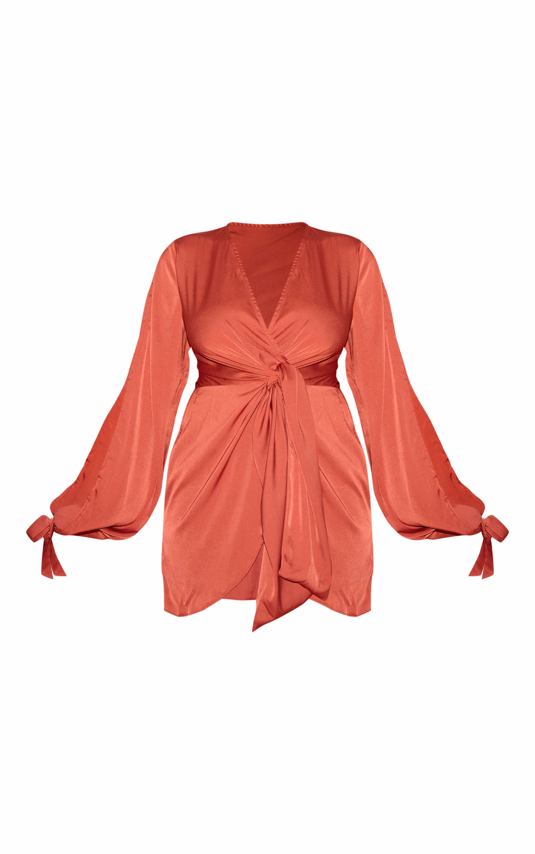 Plus Rust Plunge Neck Satin Twist Front Open Sleeve Wrap Dress