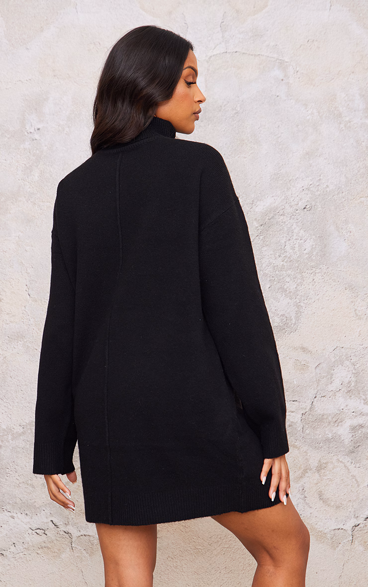 Maternity Black Soft Knit Roll Neck Oversized Seam Detail Sweater Dress