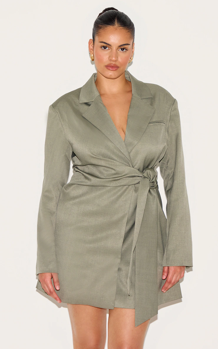 Plus Grey Woven Bazer Side Tie Mini Dress