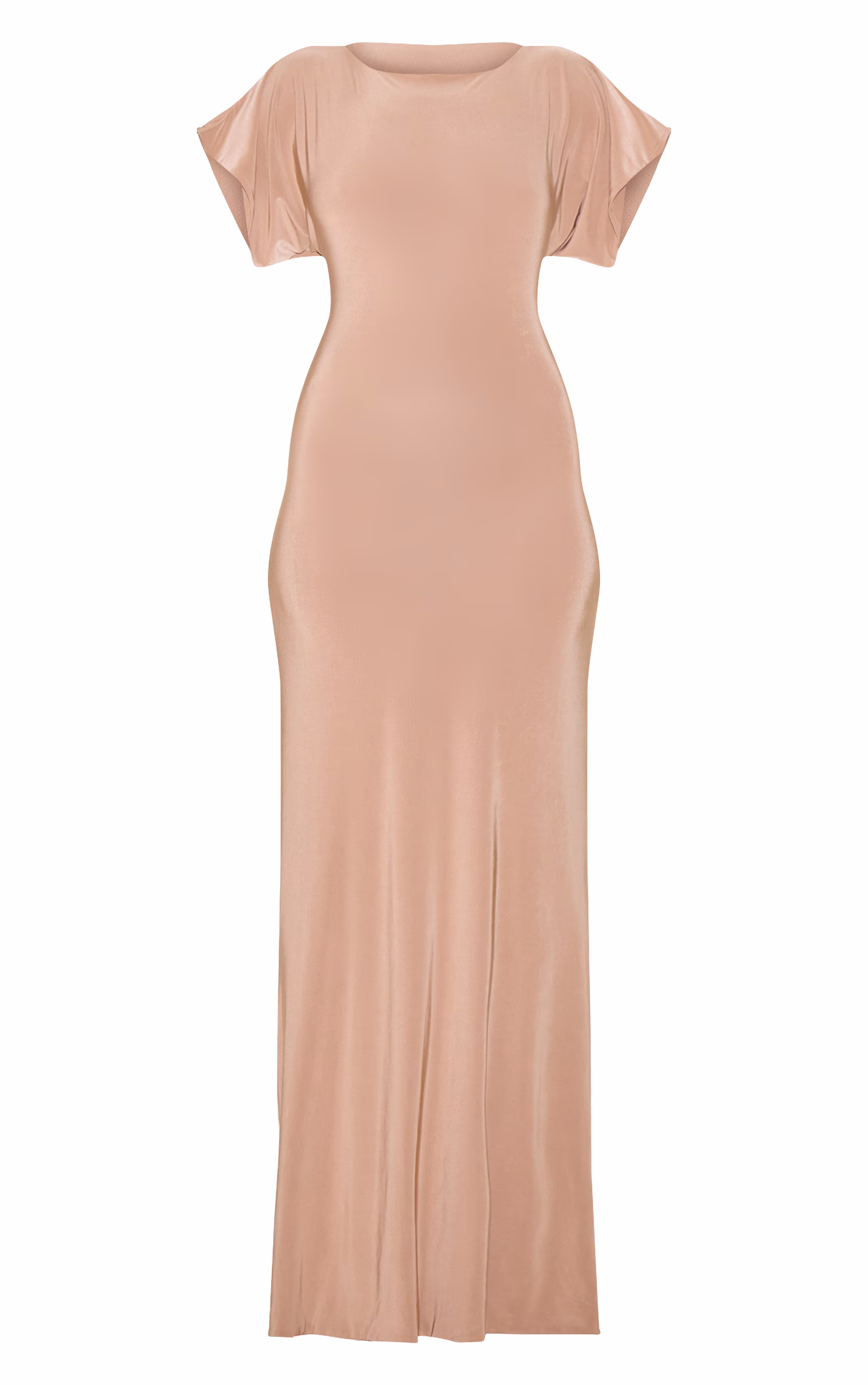 Beige Double Layered Slinky Ruched Short Sleeve Maxi Dress