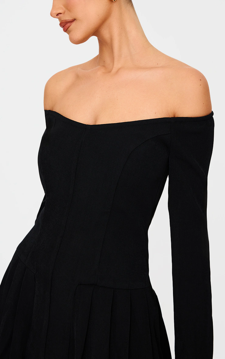 Black Woven Bardot Long Sleeve Shift Dress
