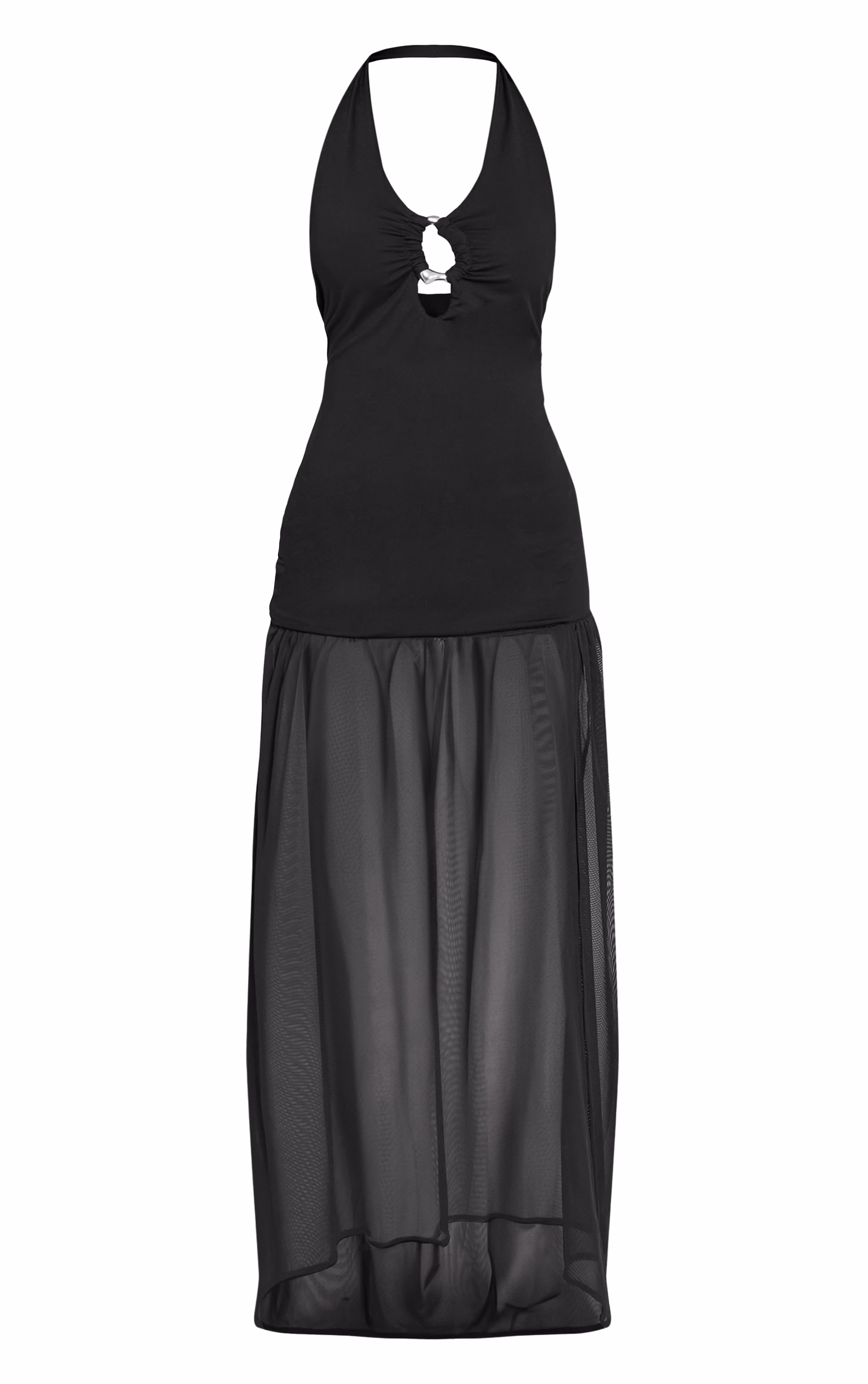 Petite Black Halterneck Trim Detail Mesh Panel Maxi Dress