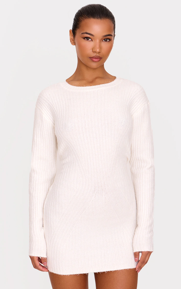 Cream Soft Textured Rib Knit Mini Dress