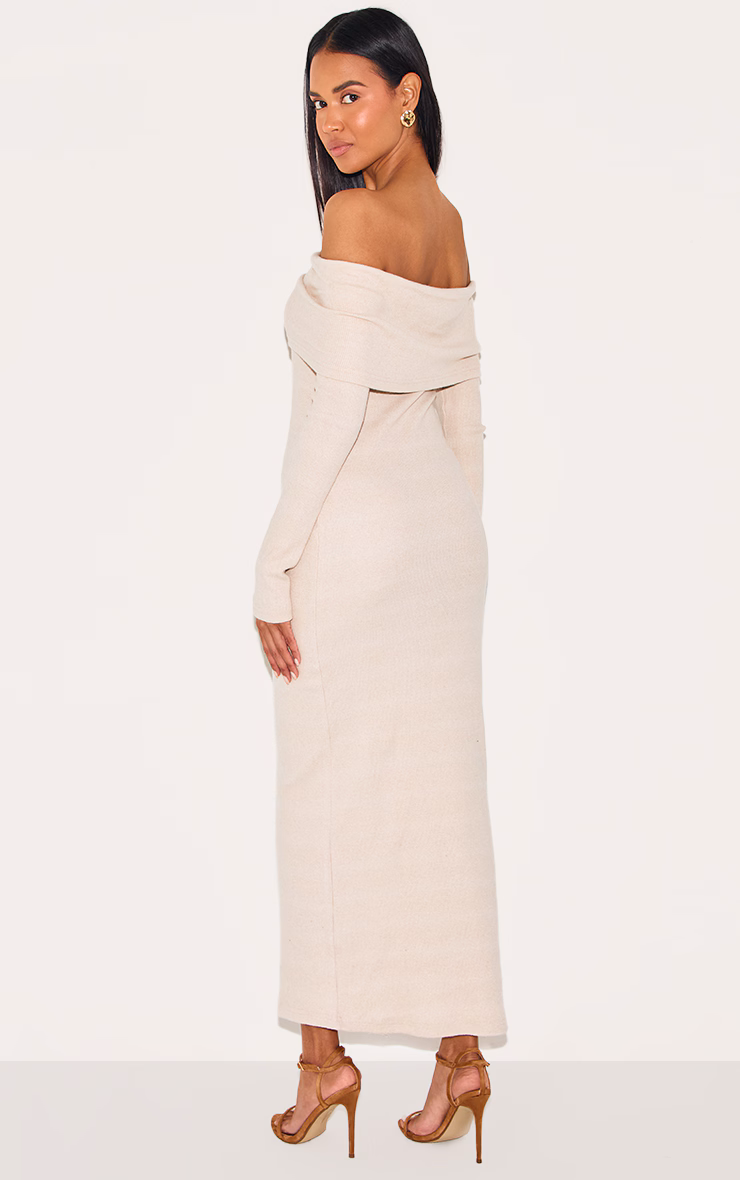 Stone Heavy Brushed Rib Bardot Trim Maxi Dress