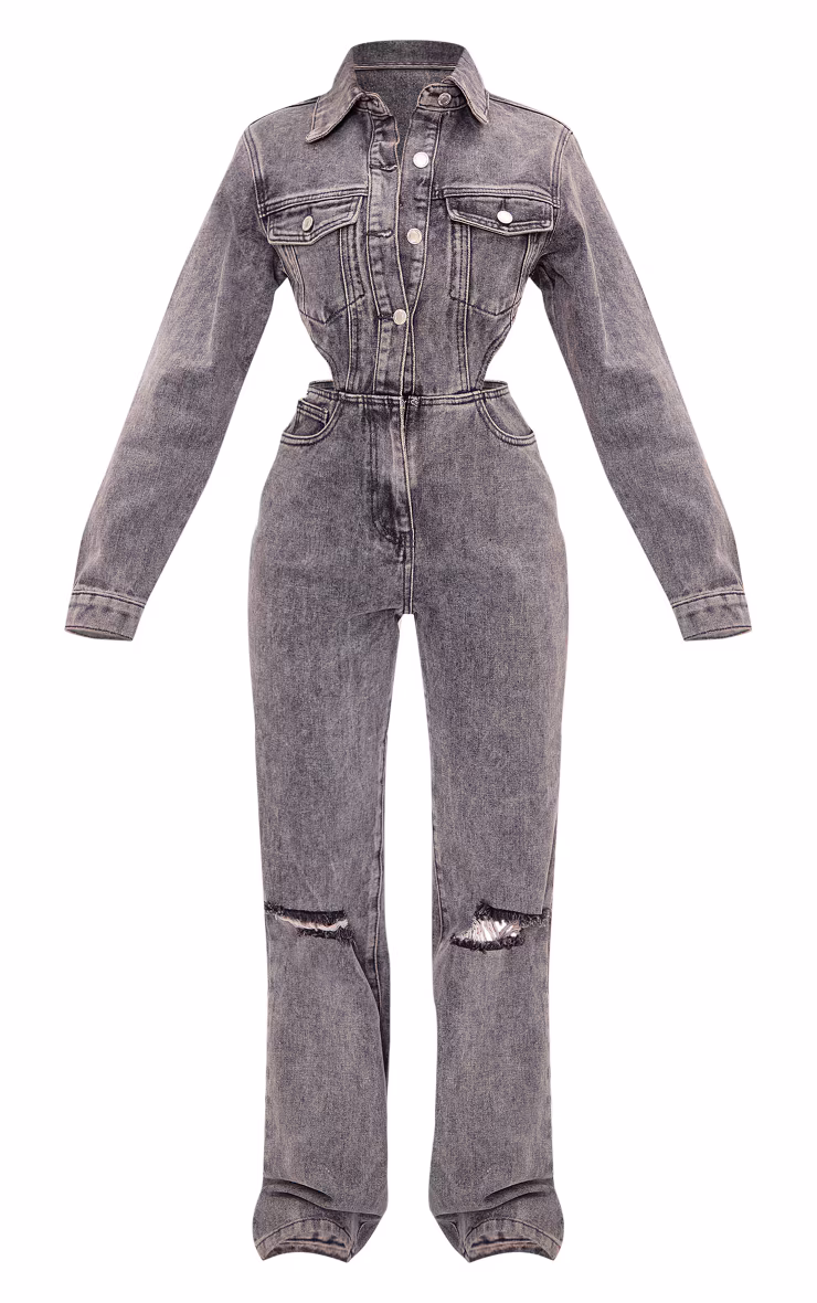 Petite Washed Grey Denim Cut Out Jumpsuit