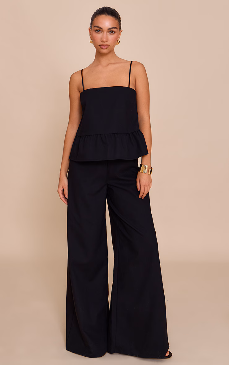 Black Linen Blend Peplum Detail Overlay Jumpsuit