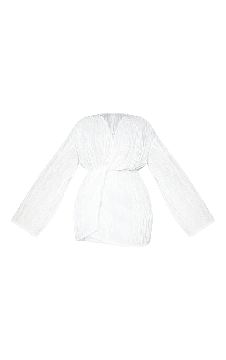 Plus White Textured Wrap Front Dress