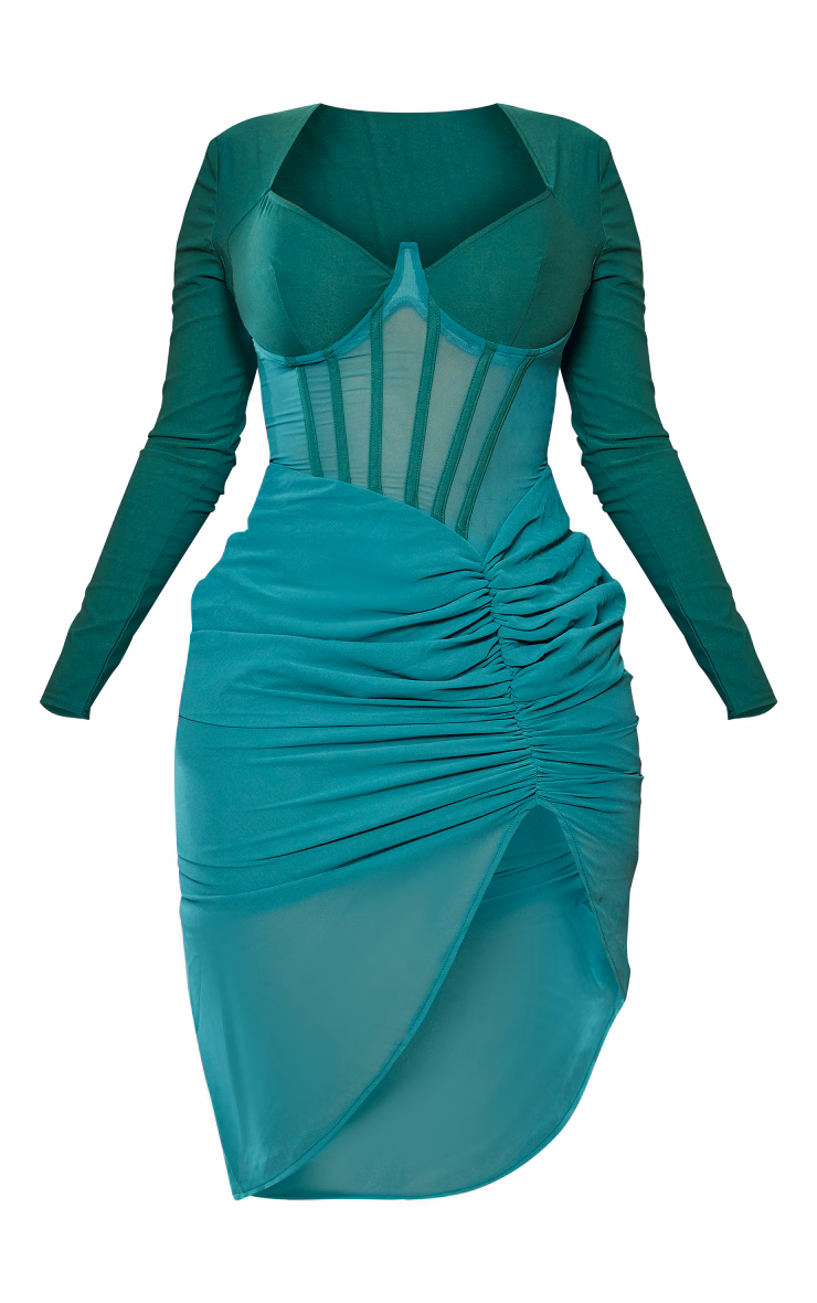 Shape Emerald Green Corset Detail Long Sleeved Ruched Midi Dress