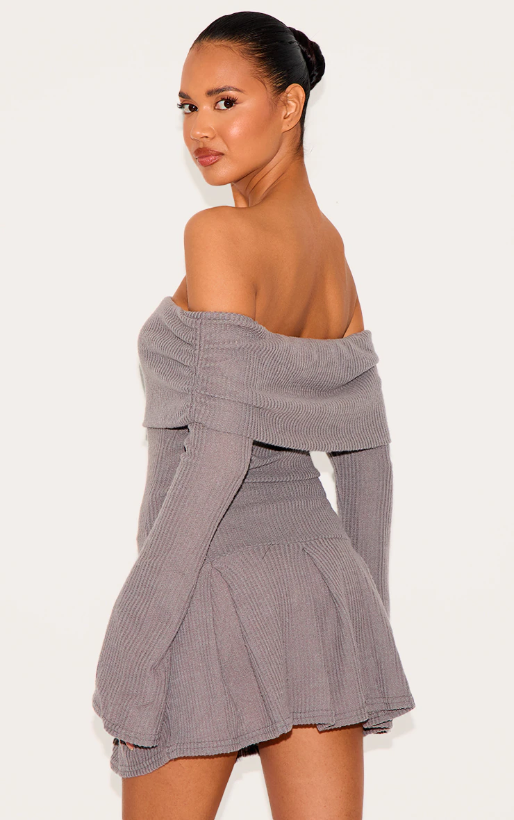 Charcoal Waffle Textured Bardot Pleated Shift Dress