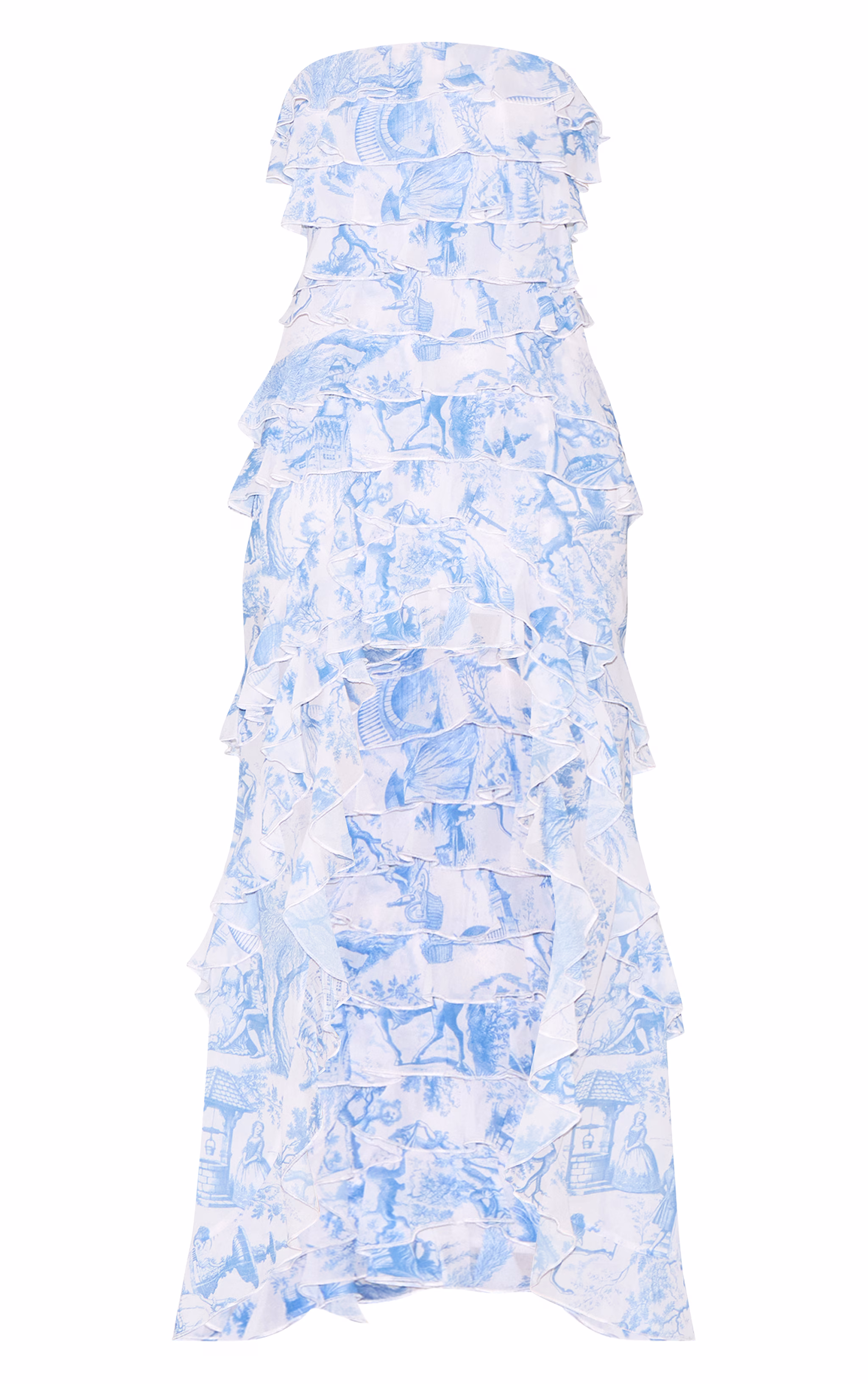 Blue Printed Ruffled Bandeau Maxi Dress