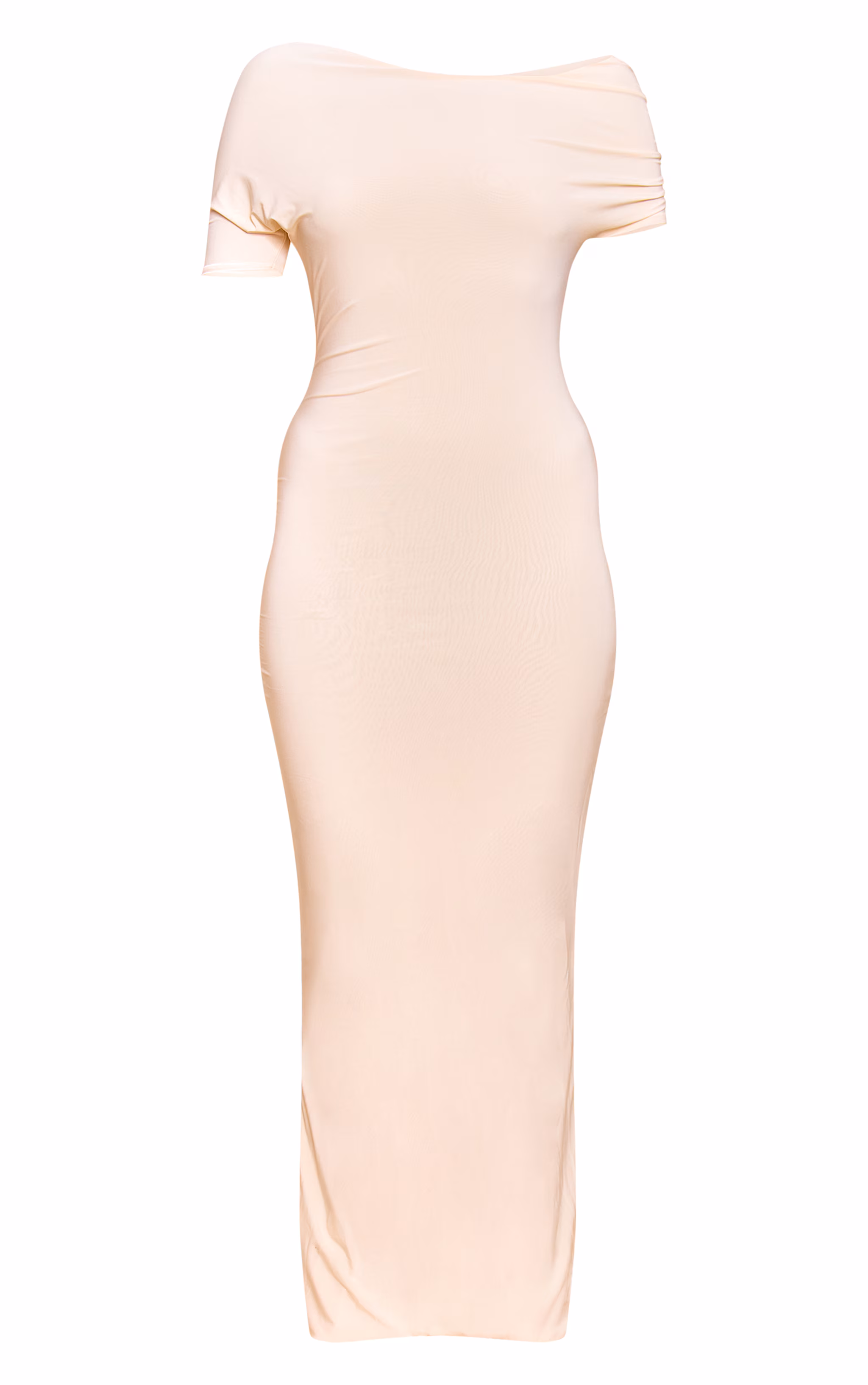 Butter Yellow Double Layer Slinky Asymmetric Ruched Sleeve Maxi Dress