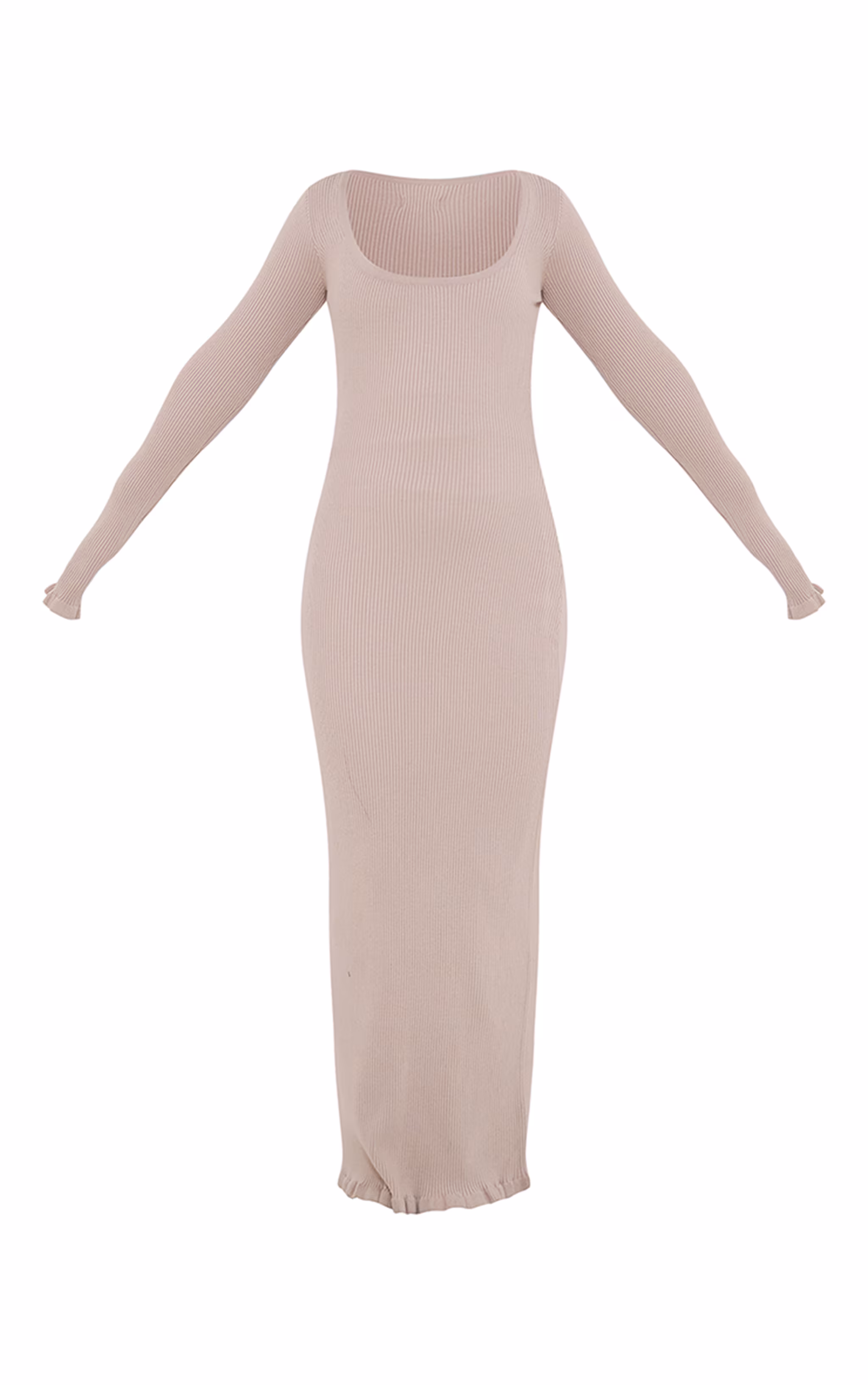 Beige Rib Knit Piquet Hem Maxi Dress