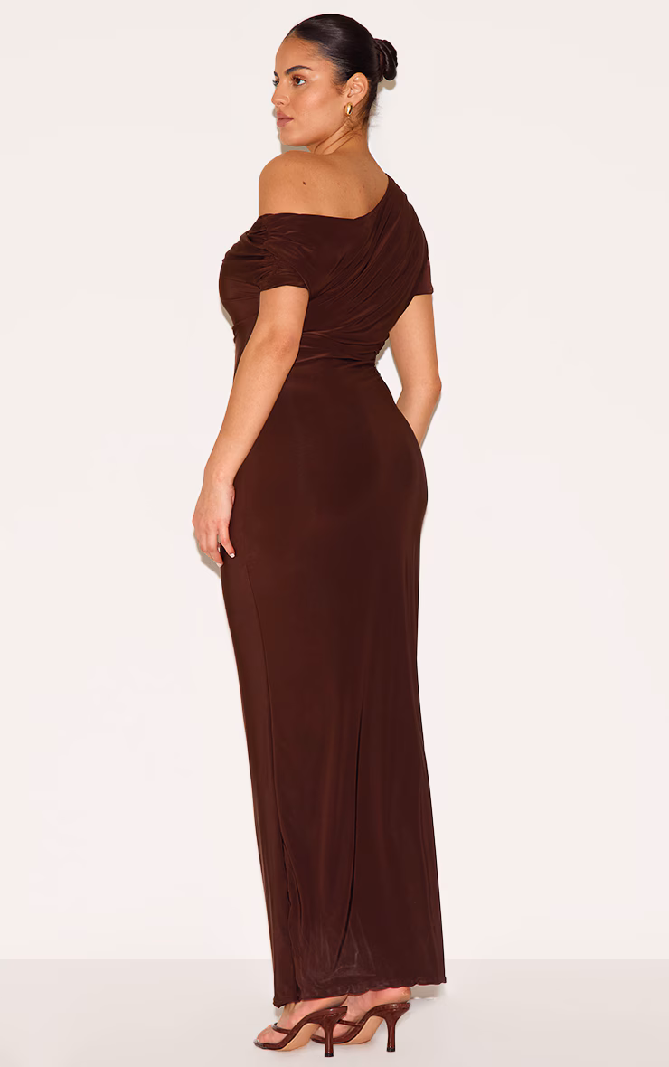 Plus Dark Chocolate Double Layer Slinky Asymmetric Ruched Sleeve Maxi Dress