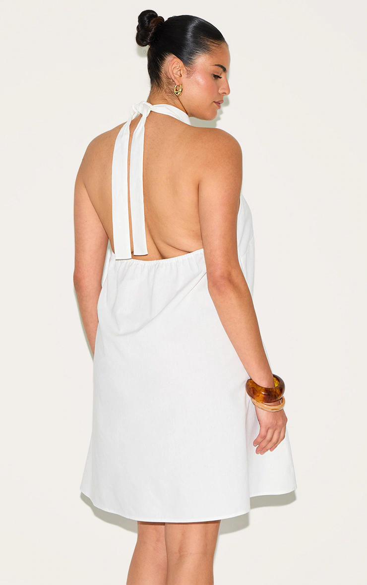 Plus White Linen-Blend Ruched Halterneck Shift Dress