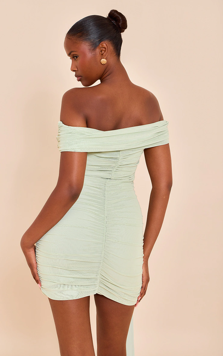 Pale Lime Mesh Lined Bardot Mini Dress