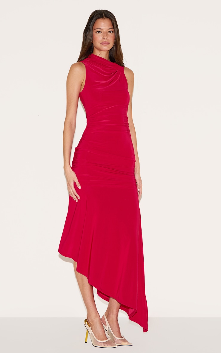 Red Double Layer Slinky Asymmetrical Ruched Midaxi Dress