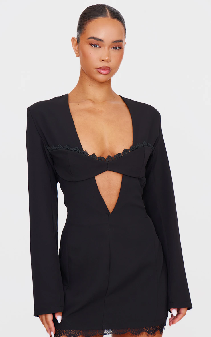 Black Woven Lace Trim Detail Blazer Dress