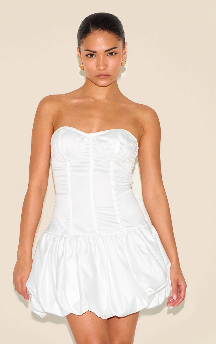 Petite White Satin Corset Puffball Dress