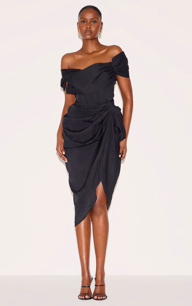 Black Corset Bardot Draped Midi Dress