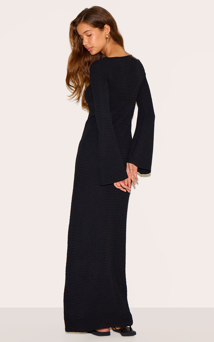 Black Textured Long Sleeve Bodycon Maxi Dress