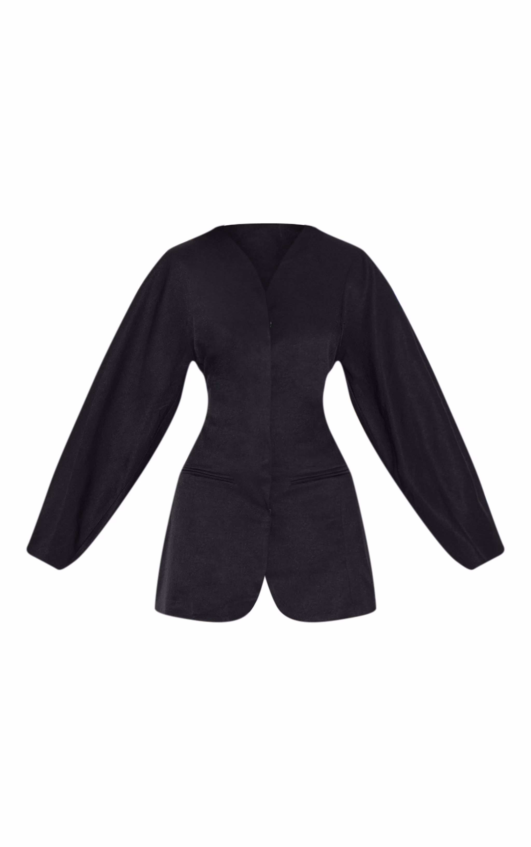 Black Woven Balloon Sleeve Collarless Blazer Dress