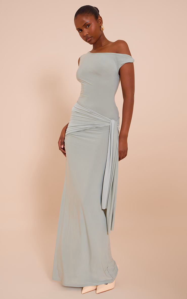 Sage Slinky Off Shoulder Wrap Detail Maxi Dress