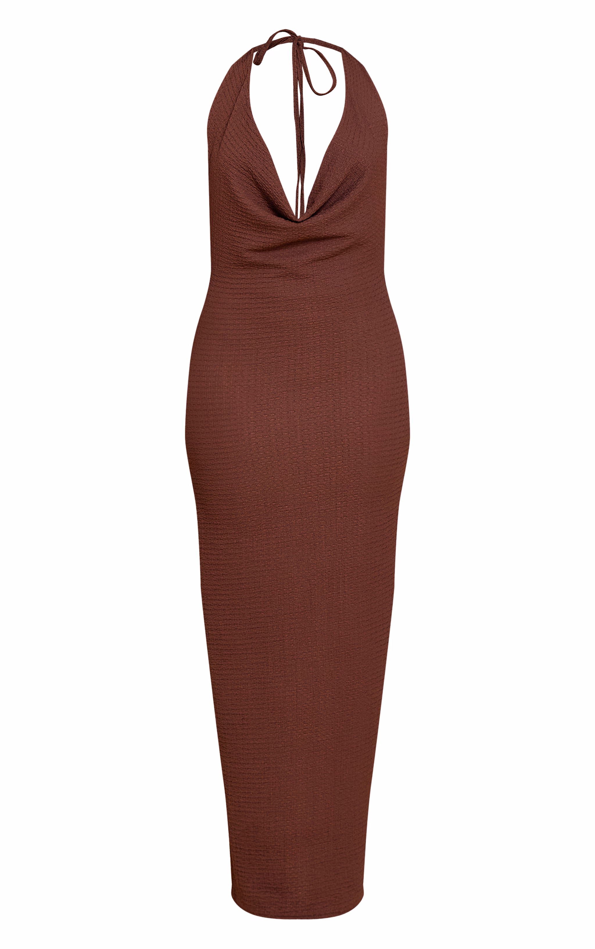 Chocolate Textured Halterneck Low Back Sleeveless Maxi Dress