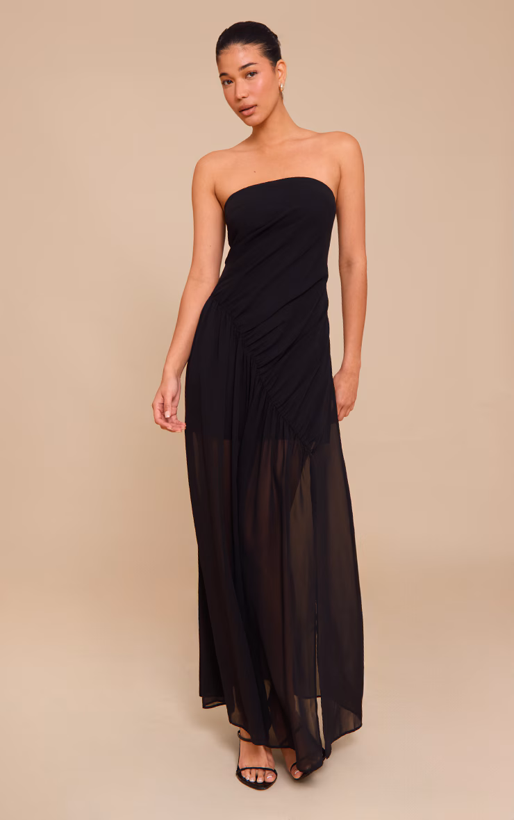 Black Double Layer Mesh Bandeau Asymmetric Ruching Maxi Dress