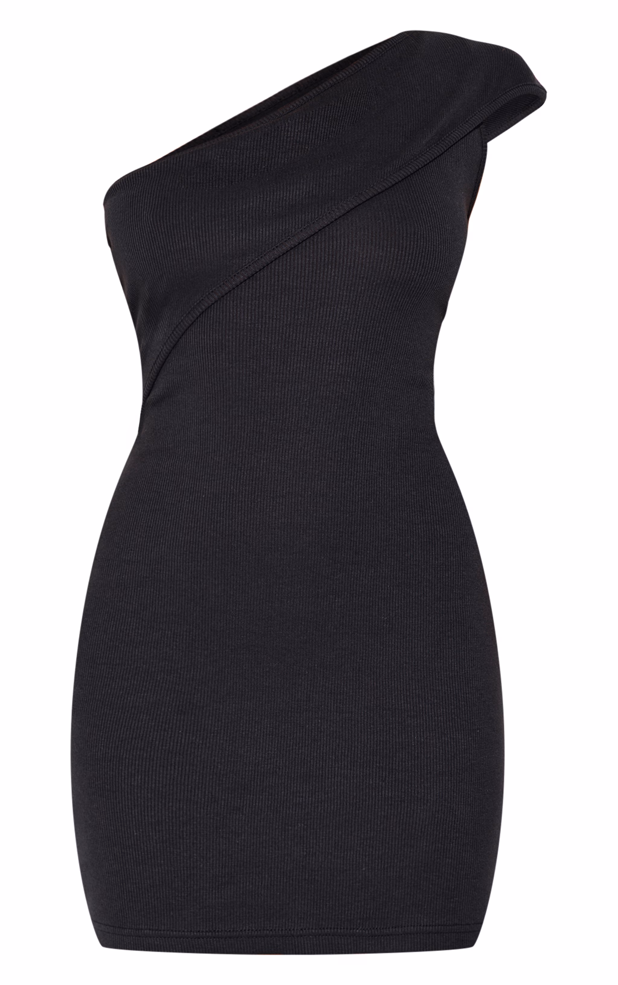 Black Rib Fold One Shoulder Mini Dress