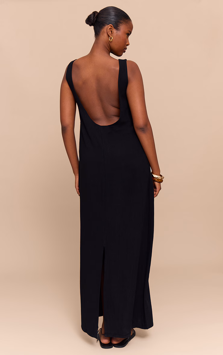 Black Textured Boat Neck Low Back Maxi Dress