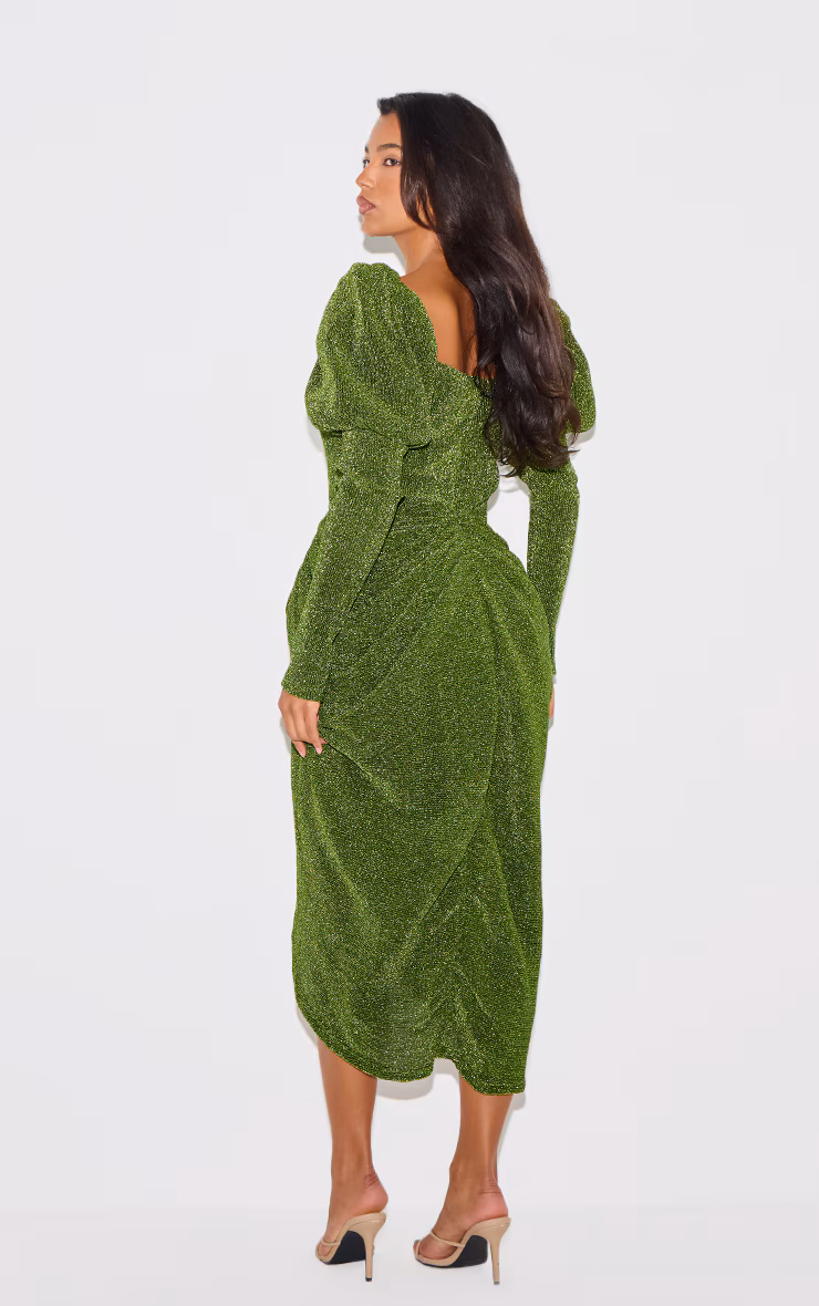 Green Glitter Plisse Puff Sleeve V Bar Draped Midi Dress